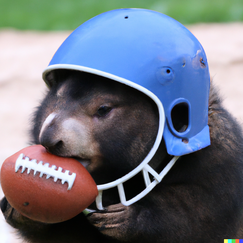 a photo of a wombat wearing a football helmet and eating a football